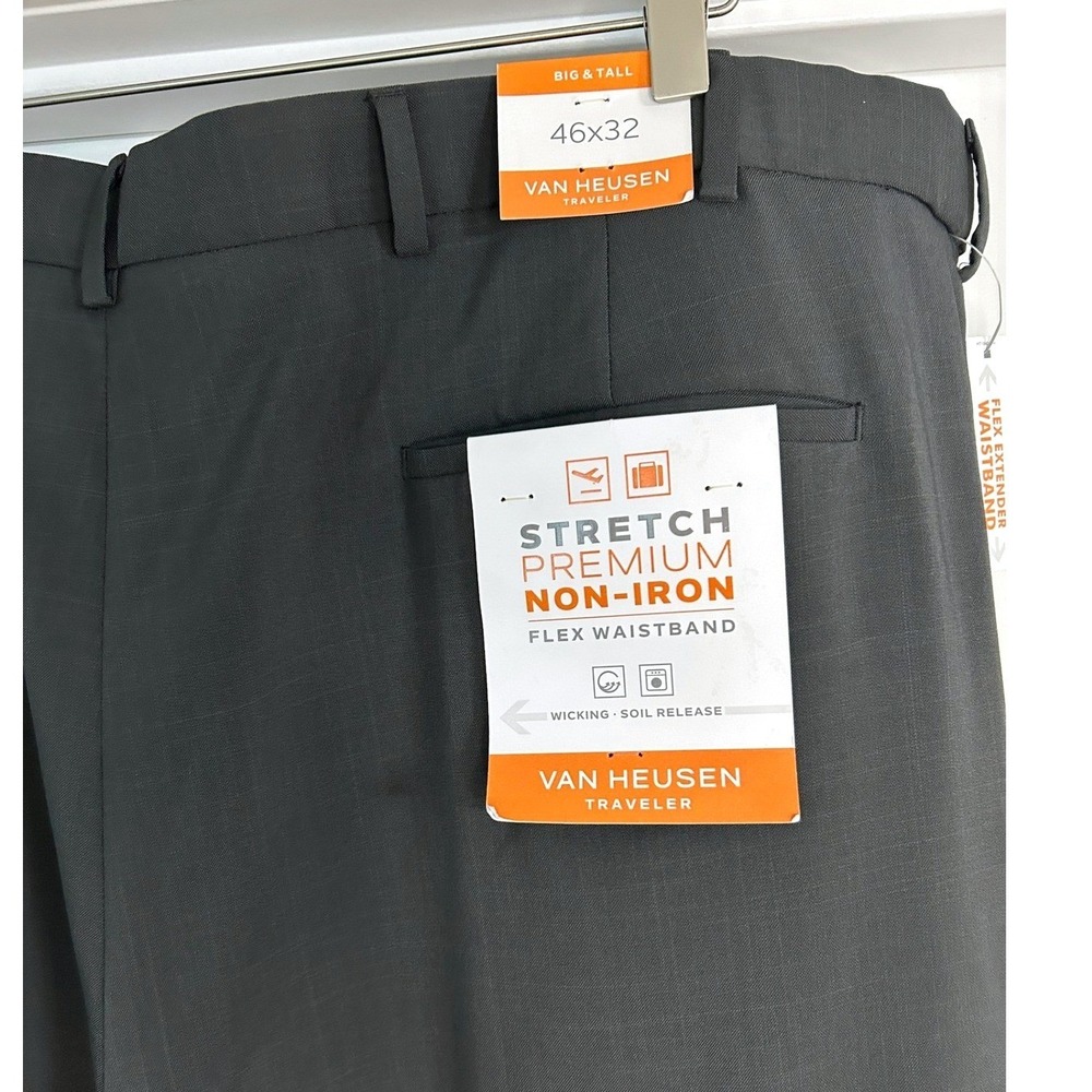 NEW Van Heusen Traveler Mens 46x32 Charcoal Grey Non-Iron Flex Waist Dress Pants